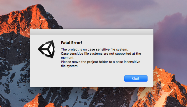 Unity3d – Mac 上發生 Case sensitive filesystems are not supported